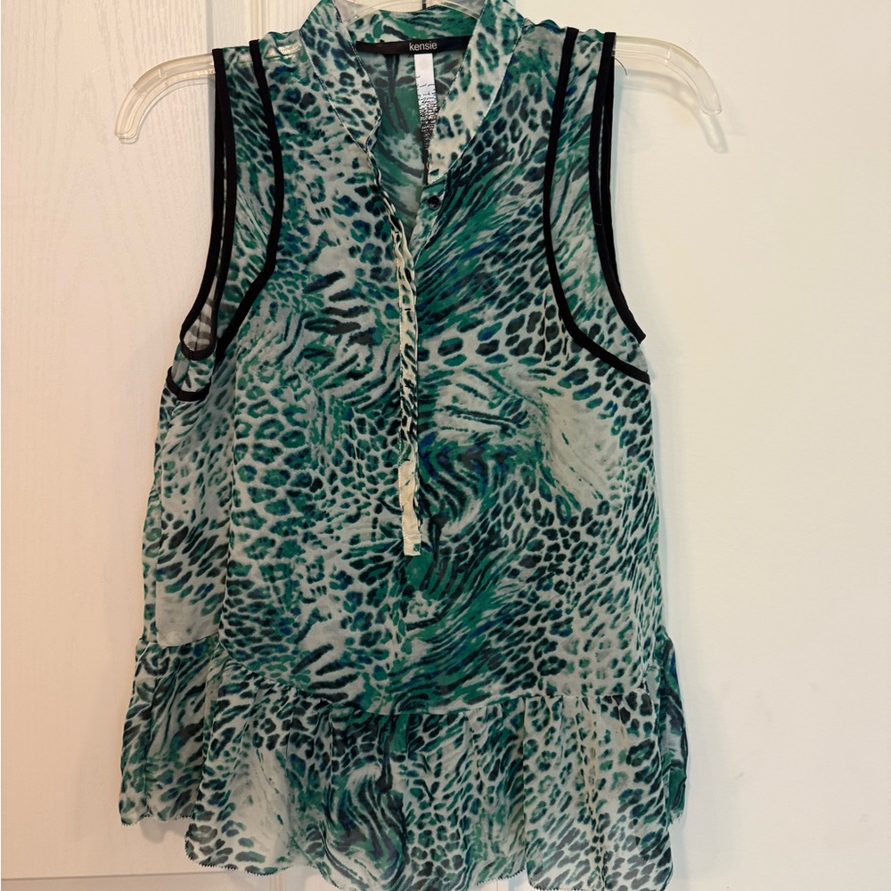Kensie Blue Sleeveless Blouse with Mandarin Collar